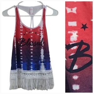 Women's Americana Tie Dye Red White Blue Tee BLESSED Crop Tank Top Lace Fringe